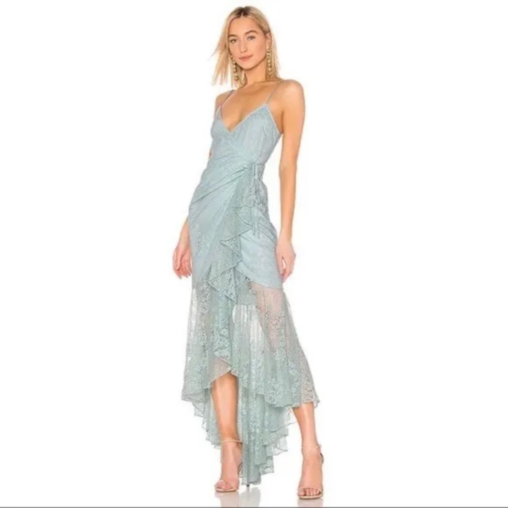 REVOLVE X Michael Costello wrap lace high, low ice blue maxi